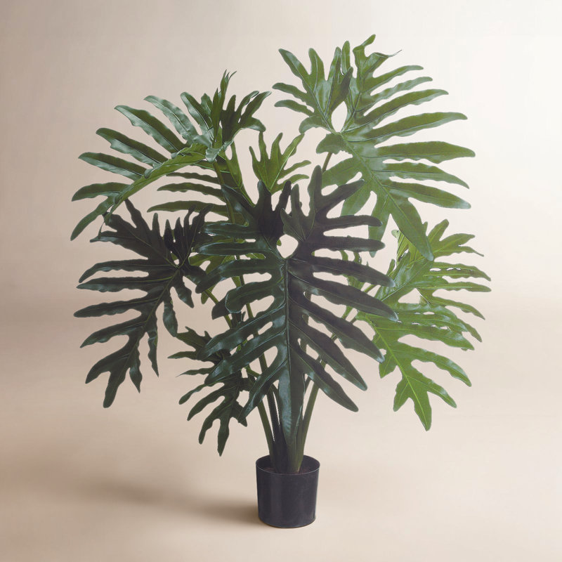West Palm Faux Philodendron Plant in Cement/Bamboo Planter
