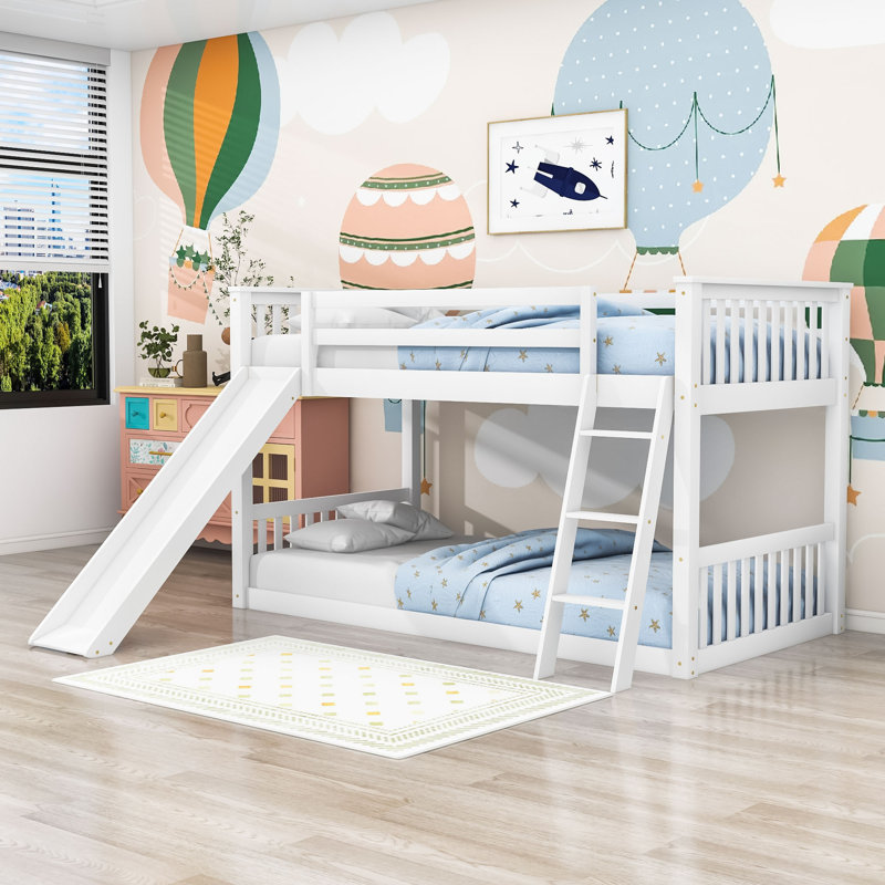 Lit superposé simple au-dessus d'un lit simple en bois avec glissière convertible et échelle, Blanc