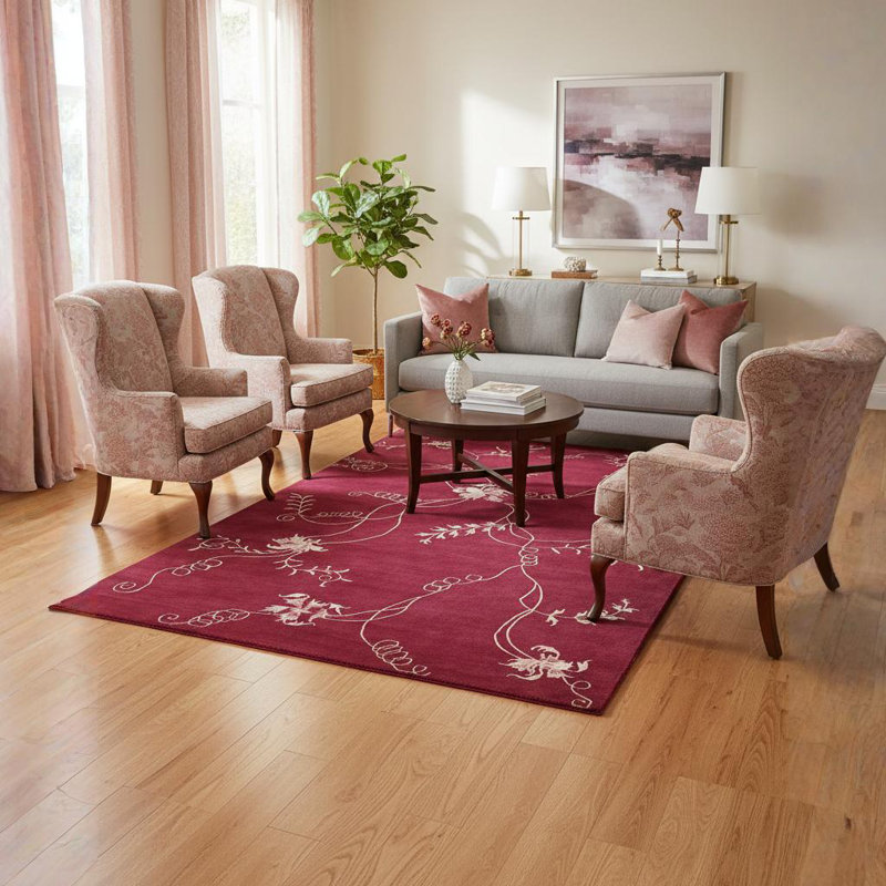 Très grand tapis floral en laine noué à la main rose, rouge et crème Caines Authentic, Rectangle 7 pi 9 po x 10 pi 6 po