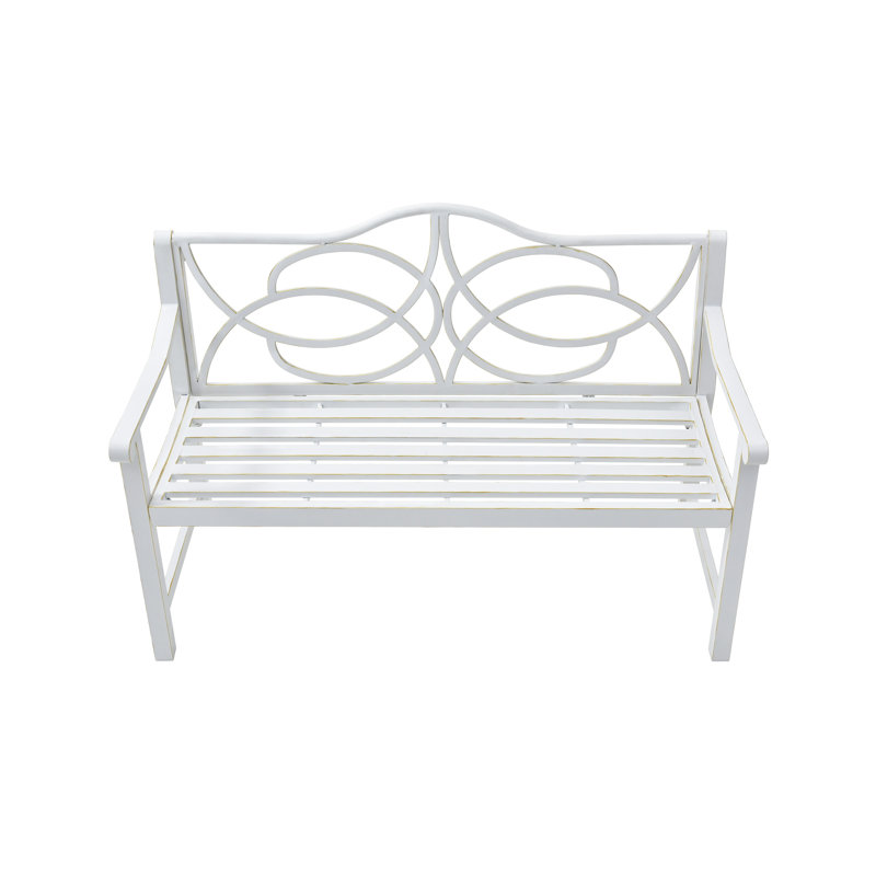 Banc de patio blanc moderne pour les espaces extérieurs - Structure en métal avec et accoudoirs, peut accueillir 2 à 3 personnes, antirouille, intempéries, cour, porche, antirouille pour balcon, protégé, convient à 2 à 3, processus d'assemblage facile
