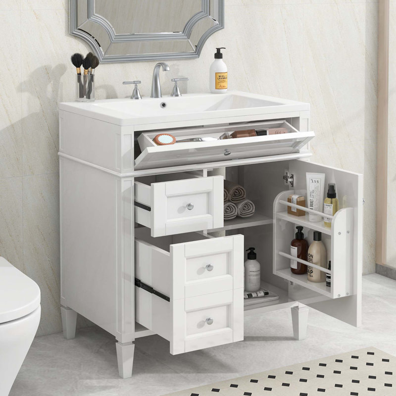 Meuble-lavabo contemporain avec lavabo supérieur, 2 tiroirs et un tiroir basculant