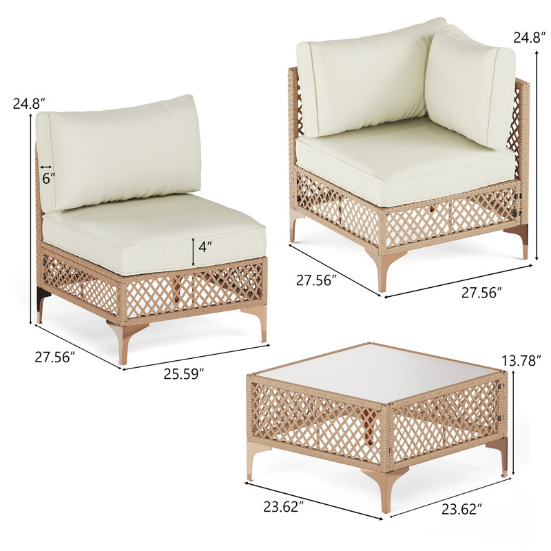 Ensemble de conversation modulaire en osier pour terrasse pour 4 personnes avec coussins, Beige, Brun