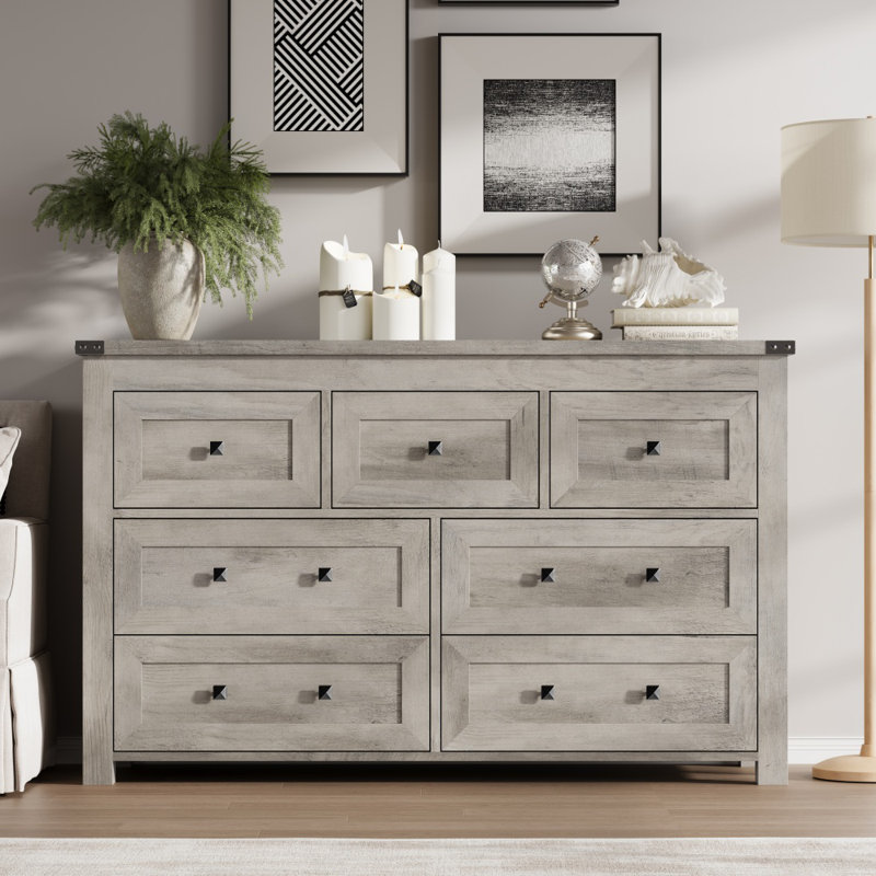 7-Drawer Dresser Double Dresser , 47.3''W Wide Wood Chest of Dressers for Bedroom, Gray/Black