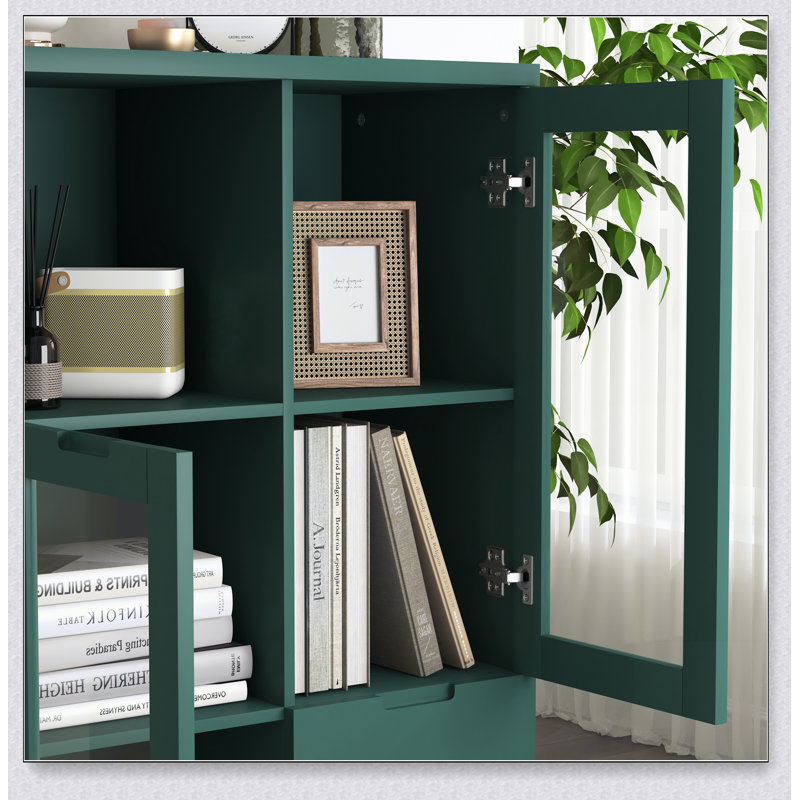 Wooden Floor Cabinet with 2 Glass Doors and 2 Storage Space,1ps