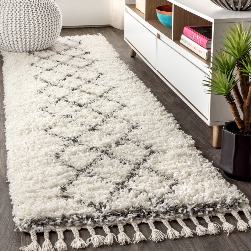Cantera Shag Plush Tassel Moroccan Tribal Geometric Trellis Cream/Gray Rug, Runner 2'3" x 8'
