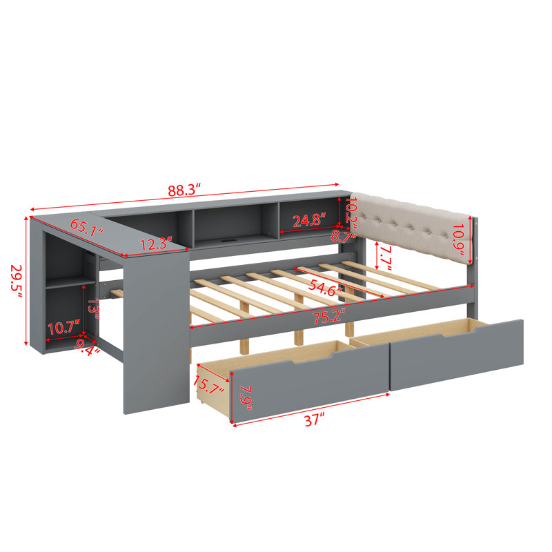 Lit plateforme luxueux avec tablettes de rangement, tiroirs, station de charge intégrée et tête de lit tapissier, gris