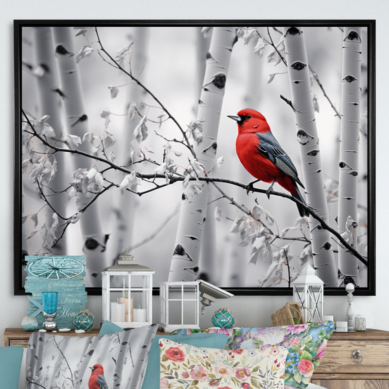 Martinella, oiseau rouge-gris en forêt II - impression, Cadre flottant noir, H 34 po x l 44 po x P 1,5 po