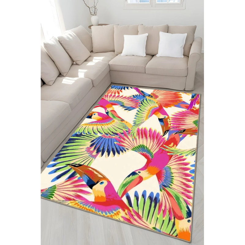 Multicolored Abstract Toucan Bird Patterned Creative Modern Decorative Carpet, Round 3'4"