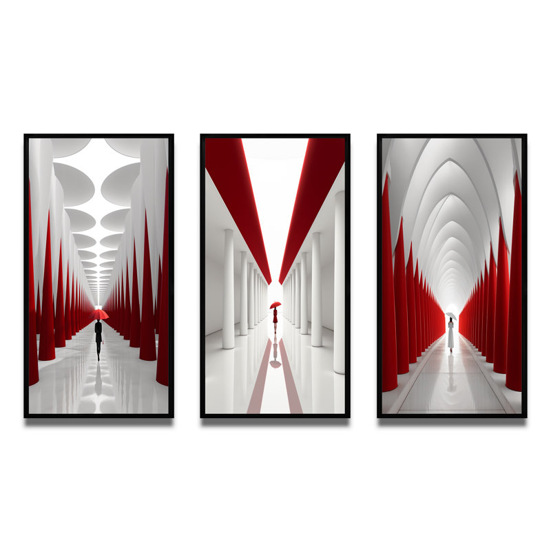 Ensemble d'art sur toile, "Red White Dream", 3 pièces - "Red White Path To The Dream", Cadre flottant noir, H 28 po x l 36 po