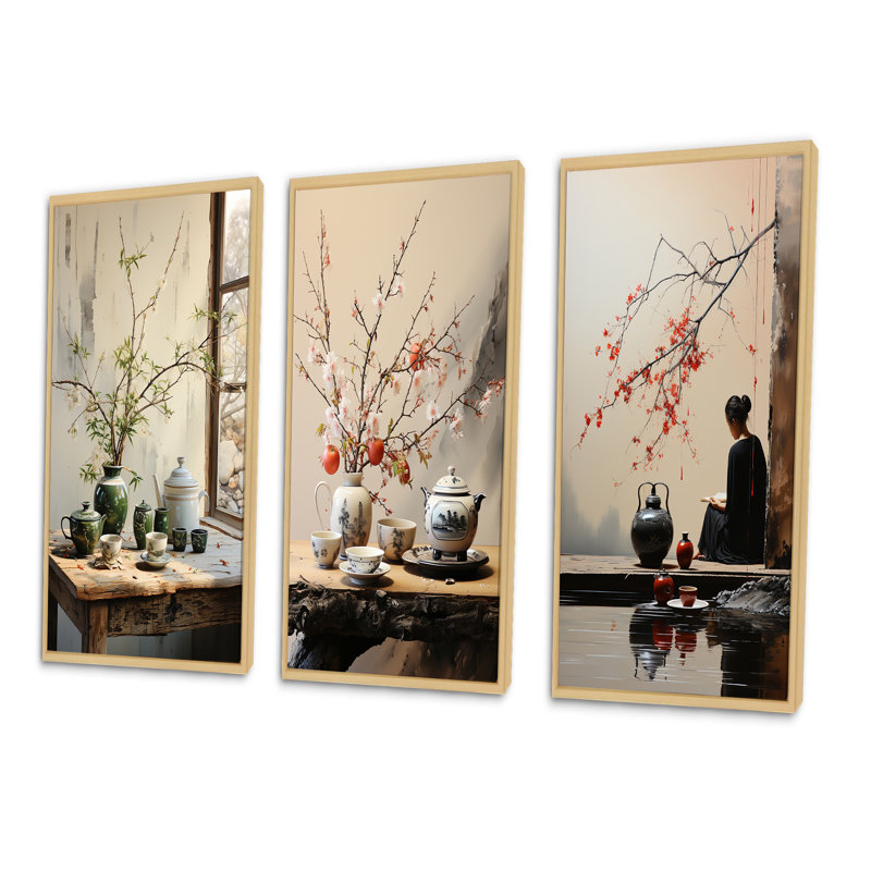 3 pièces sur toile - Cérémonie du thé Japon Art, Encadré naturel, H 40 po x l 60 po