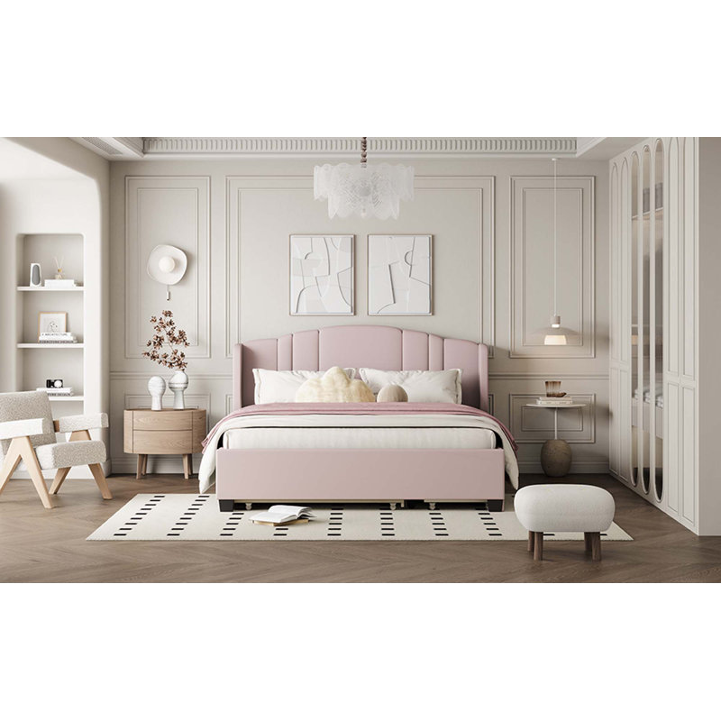 Lit plateforme tapissier avec tête de lit à oreilles, un lit gigogne simple et 2 tiroirs, aucun sommier nécessaire, grand