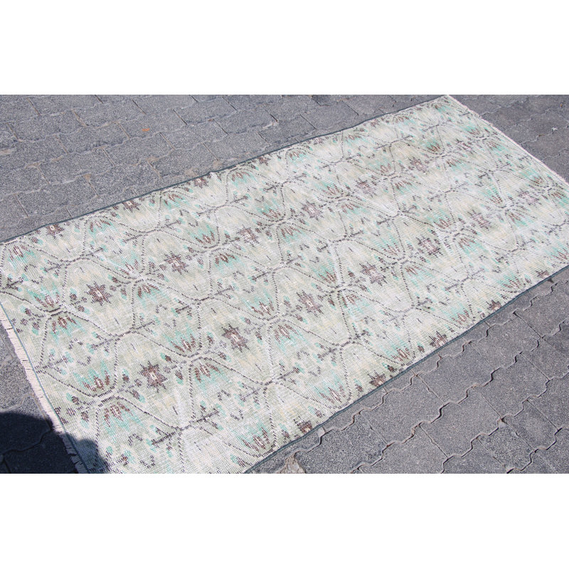 Tapis décoratif vintage turc Oushak en vert délavé - Décoration idéale pour les espaces de cuisine