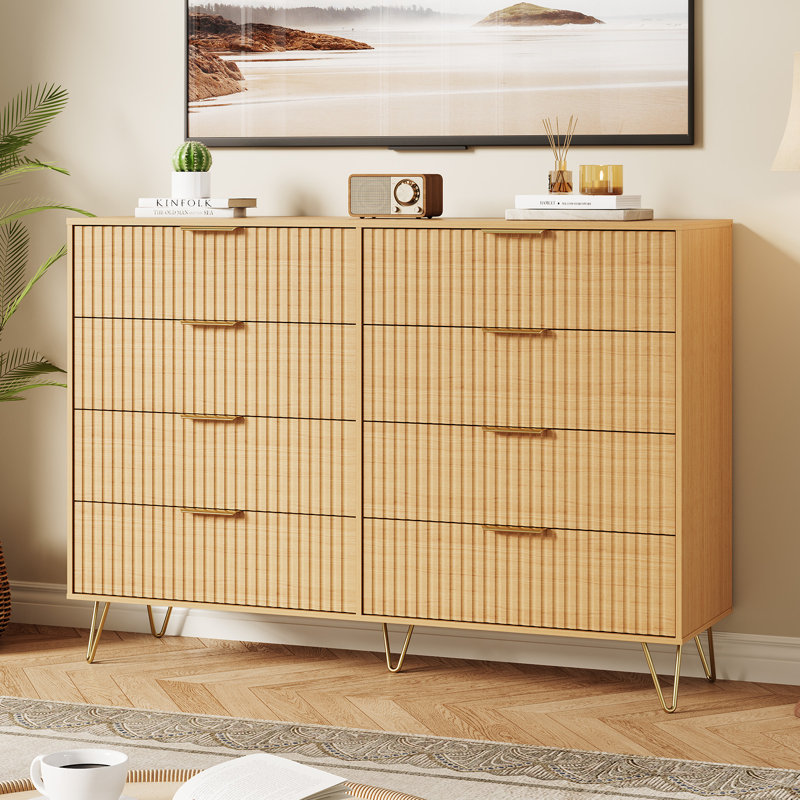 Fluted 8-Drawer Dresser for Bedroom, 55" Wide Modern Minimalist Chest of Wooden Drawers, Wide Clothes Storage Organizer