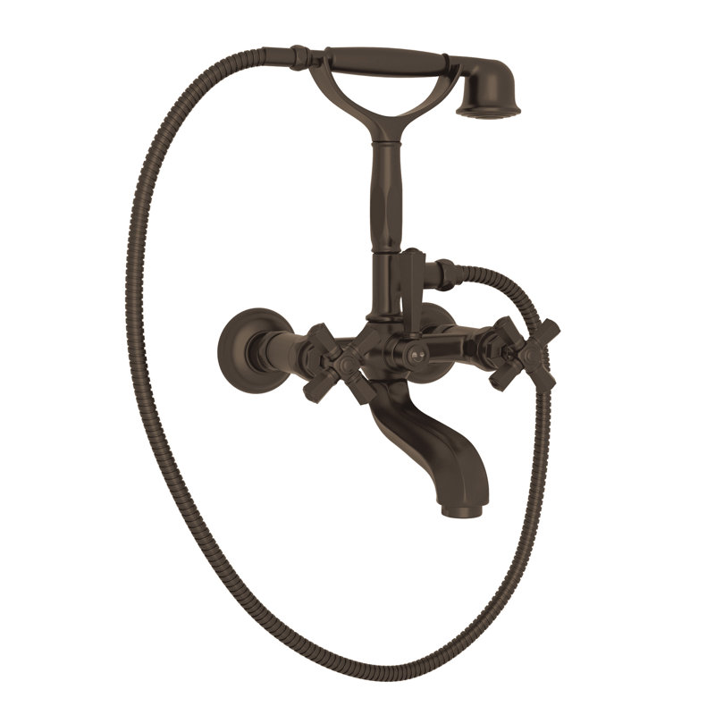 Palladian Exposed Wall Mount Tub Filler, Satin Nickel, Industrial Metal Cross Handle