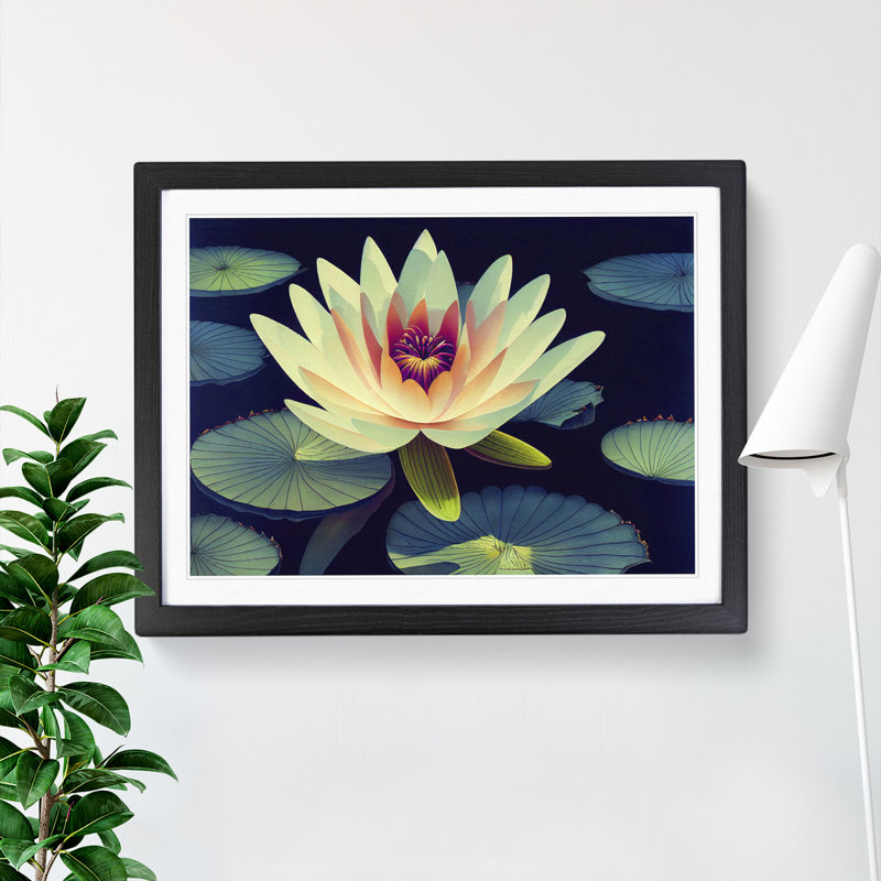 King Water Lily Flower - Single Picture Frame Painting, 25cm H x 34cm W x 2cm D, Black