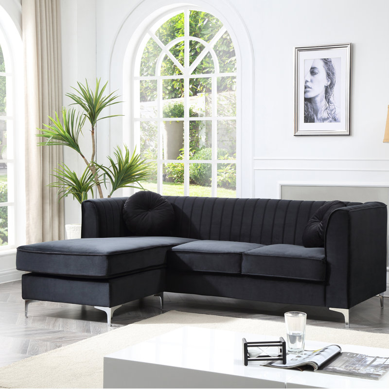 Ballentine Velvet L-Shaped Sectional Reversible, Black