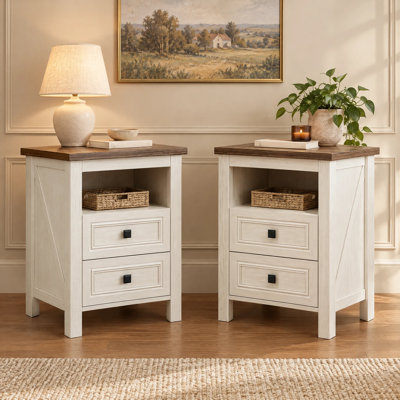 Brigman 18"W Nightstand with Charging Station, Farmhouse End Table with 2 Drawers & Open Storage（Set of 2)