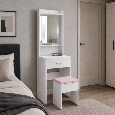 White Dressing Table with Mirror Drawer and Padded Stool Vanity Set