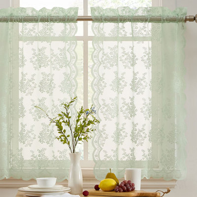 Stefani Floral Rod Pocket Lace Semi Sheer Voile Short Cafe Tiers for Small Windows - Set of 2