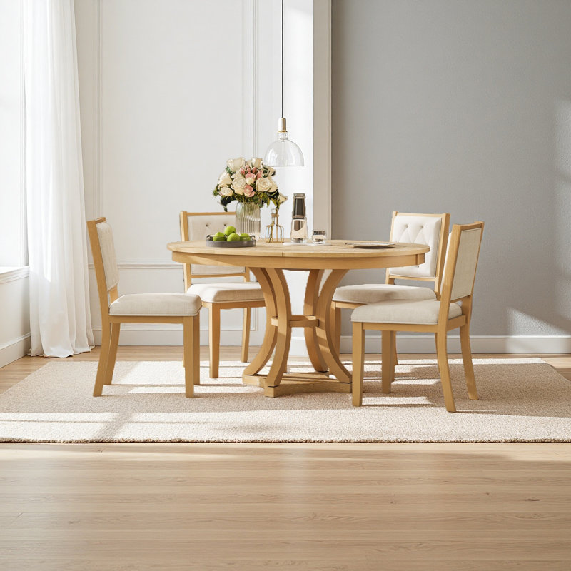 Ensemble 5 pièces de table de salle à manger rétro et 5 chaises rembourrées, Naturel
