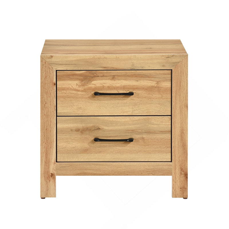 Natural Finish 2-Drawers Nightstand Storage Bedroom Furniture, Black Handles Bedside Table 1Pc
