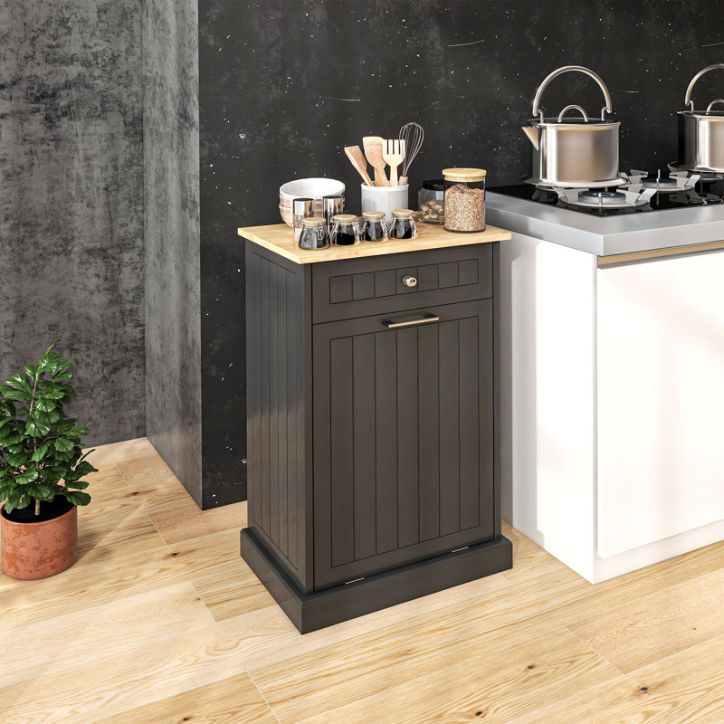Black Wooden Kitchen Storage Cabinet with Light Wood Top