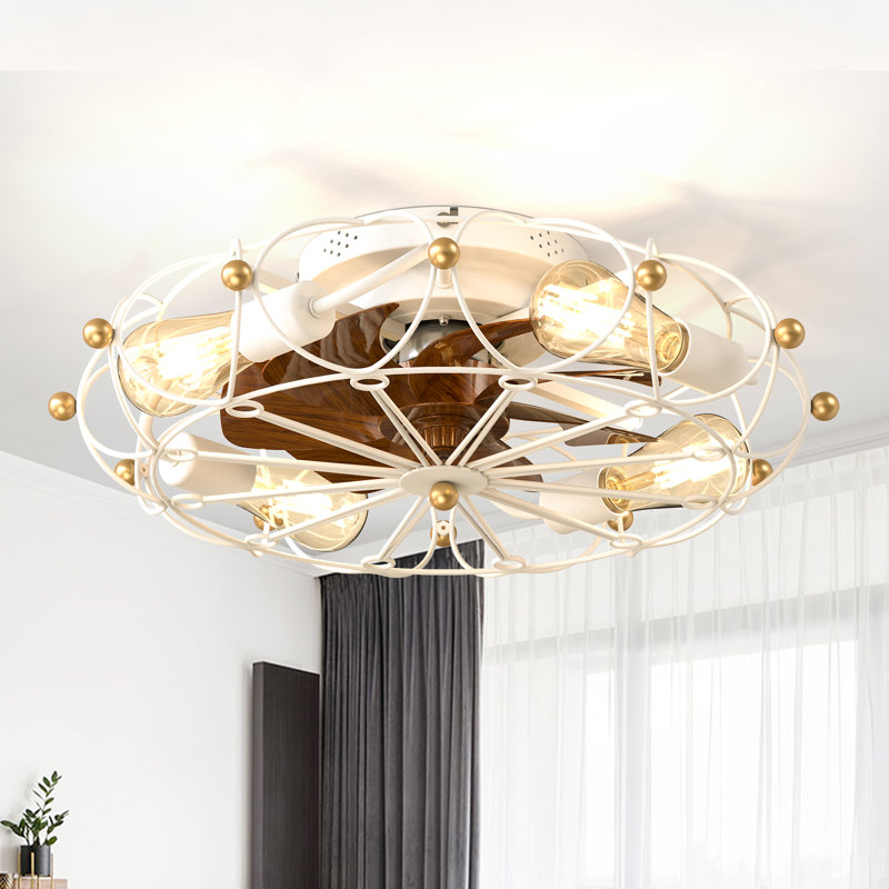  20" Flush Mount Caged Ceiling Fan With Light Kit And Remote, Reversible 6-Speed Motor, White