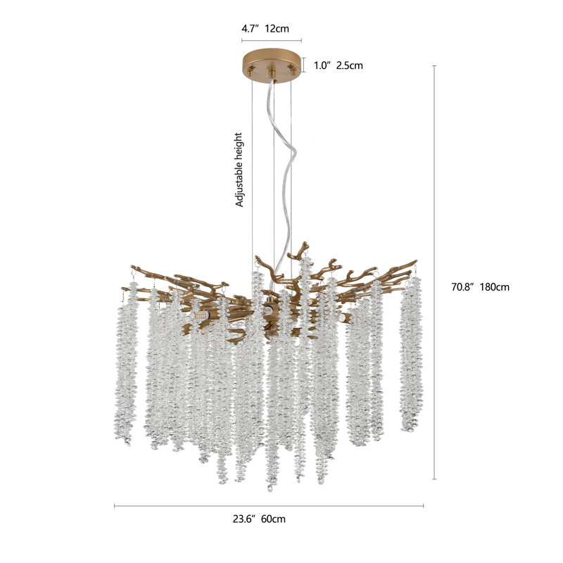 Luminaire suspendu doré délicat 24 po avec brins de cristal en cascade (ampoule non incluse)