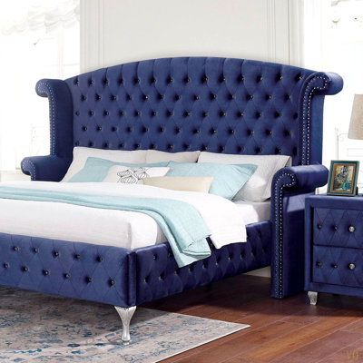 Glamorous 1Pc Queen Size Bed Velvet Like Fabric Tufted Wingback Headboard Bedroom Furniture