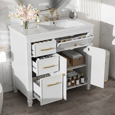 Meuble-lavabo de 36 pouces avec lavabo en céramique, un tiroir basculant, trois tiroirs latéraux et une tablette réglable