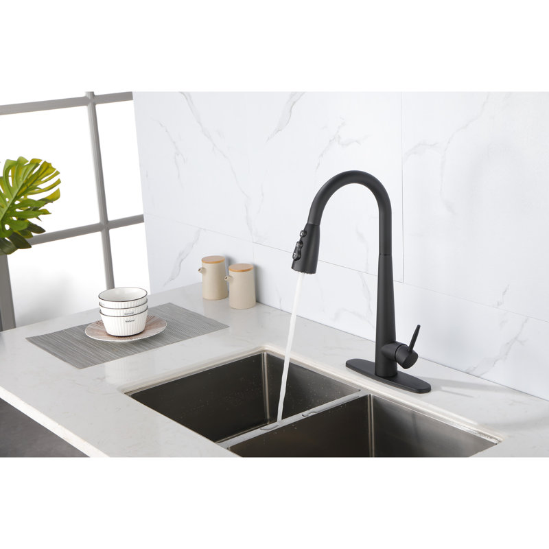 Black Kitchen Faucets With Pull Out , Matte Black, Single Hole Deck Mount, Modern Design, Easy Setup Down Stainless Steel, To Operate