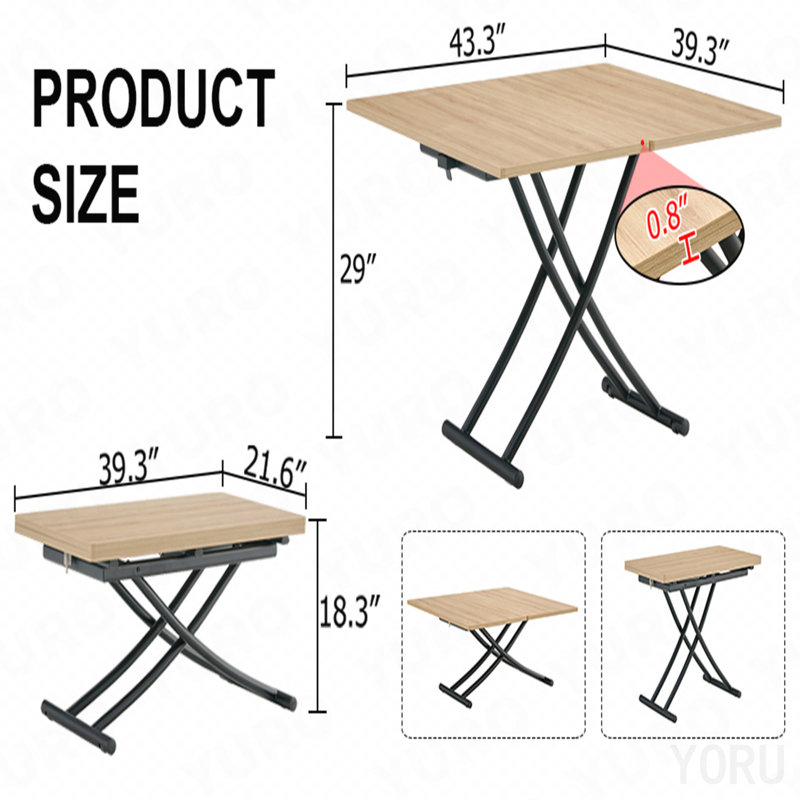La table élévatrice multifonctionnelle moderne et minimaliste avec un plateau de table MFC de 0,8 pouce et des pieds en métal noir peut être utilisée comme coiffeuse, table basse, table de salle à manger et bureau.  LT-10055