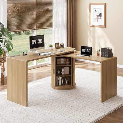 60''W L Shaped 360° Rotating Executive Desk With Cabinet, Fluted Wooden Office Computer Desk With Hidden Storage & Power Outlet