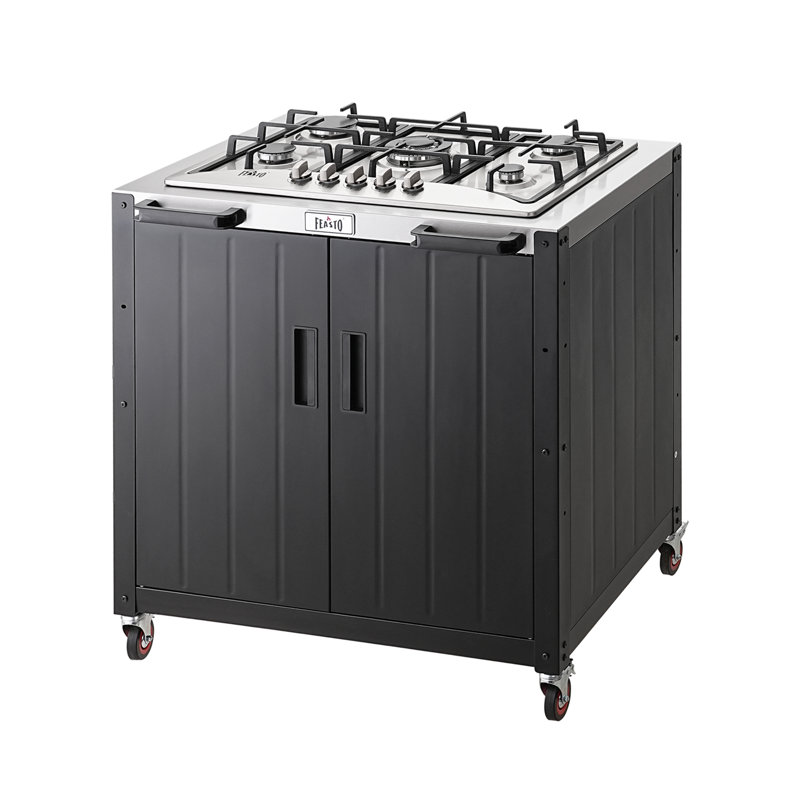 Station de cuisson d'extérieur au propane 35 po à 5 brûleurs avec plateau en acier inoxydable, armoire de rangement et roues verrouillables FEASTO