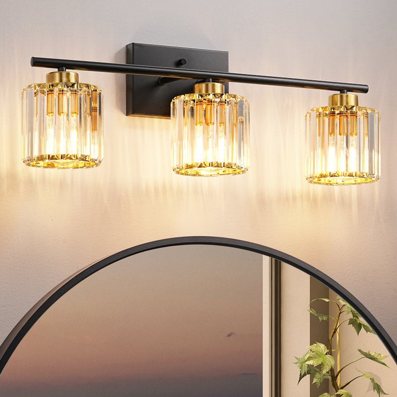24'' 3 Light  Black Gold Dimmable Vanity Light With Crystal Shade 