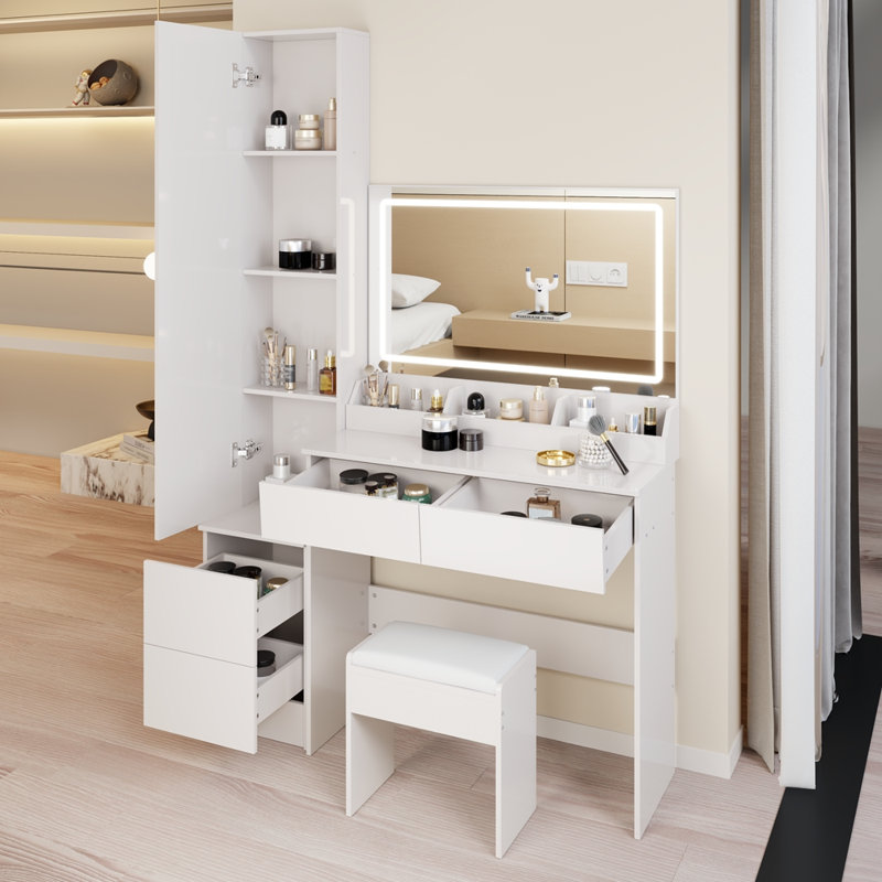 Extra Large LED Mirror Vanity Table + LED Dressing Mirror Cabinet, White