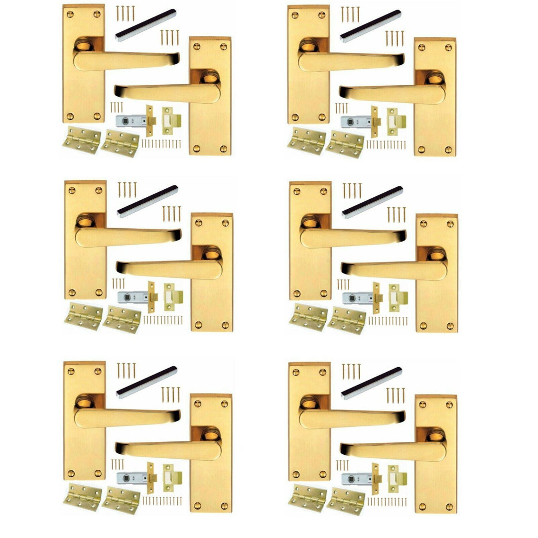 Golden Grace 6 Sets Victorian Straight Lever Door Handles in Polished Brass with Tubular Latch and Hinges