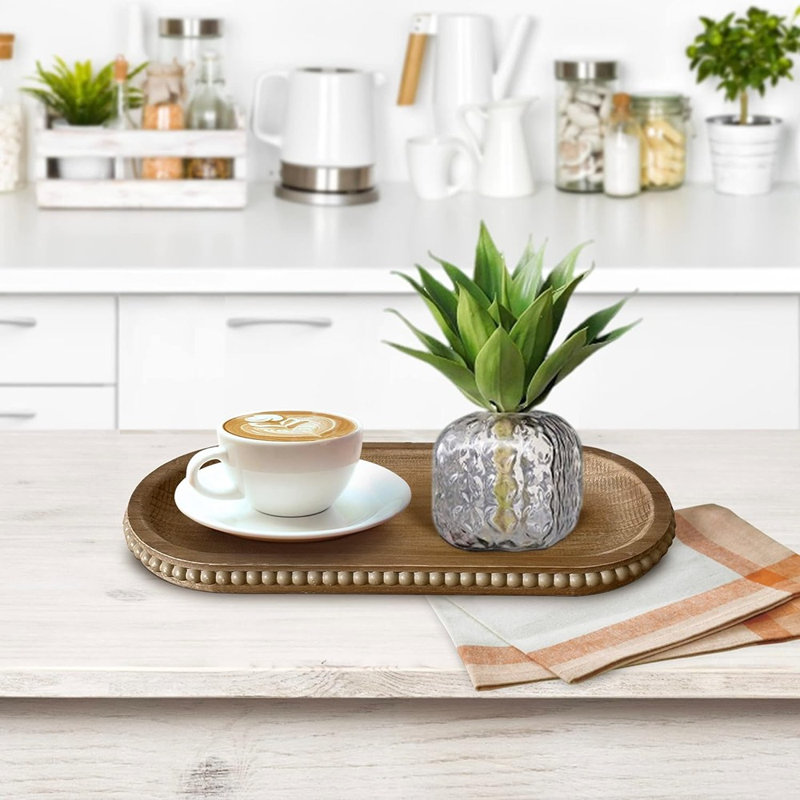 Wooden Farmhouse Decorative Tray, Rustic Beaded Oval Tray For Coffee Table, Kitchen, And Living Room Decor