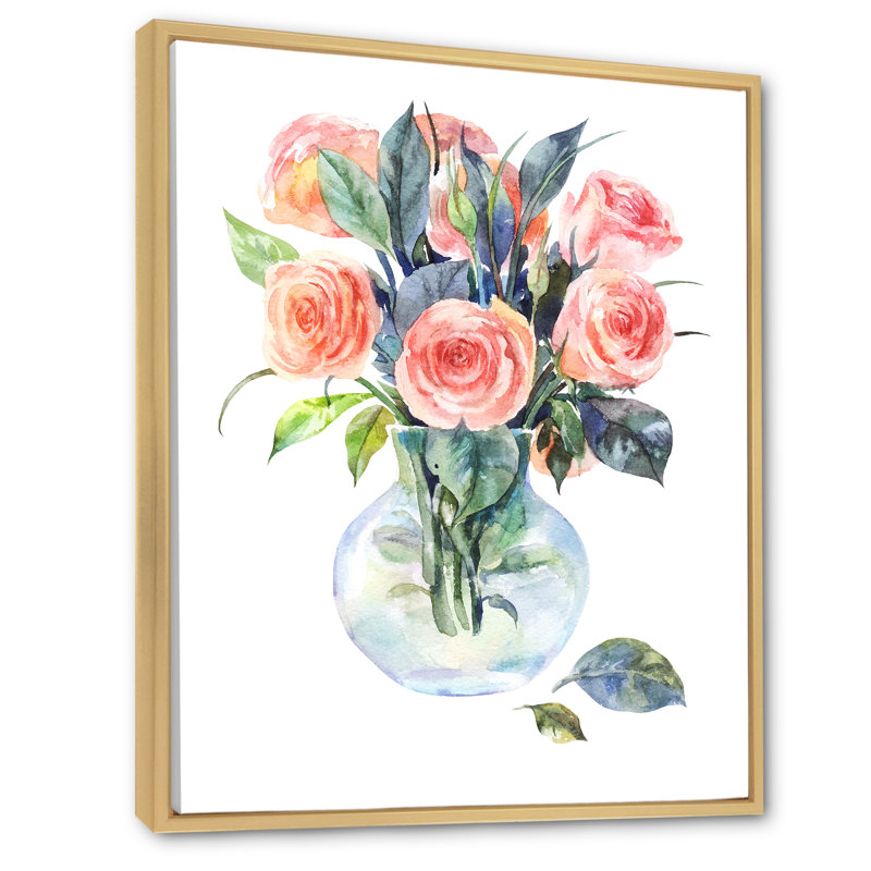 Roses roses dans un verre - peinture sur toile, H 32 po x l 16 po x P 1 po, Cadre naturel flottant