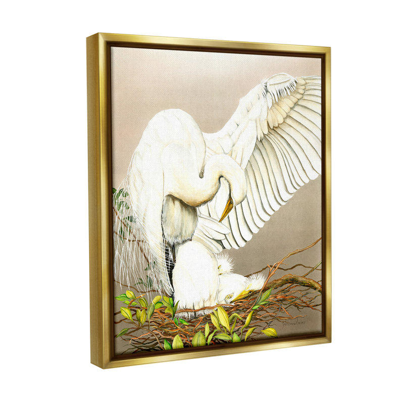 «White Bird And Nest» par Christine Reichow sur, Cadre flottant métallique doré, H 21 po x l 17 po