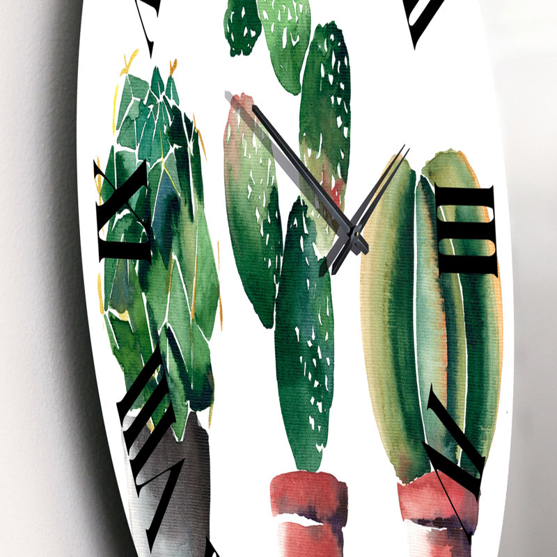 Trois cactus dans des pots en argile - horloge murale traditionnelle, Moyen