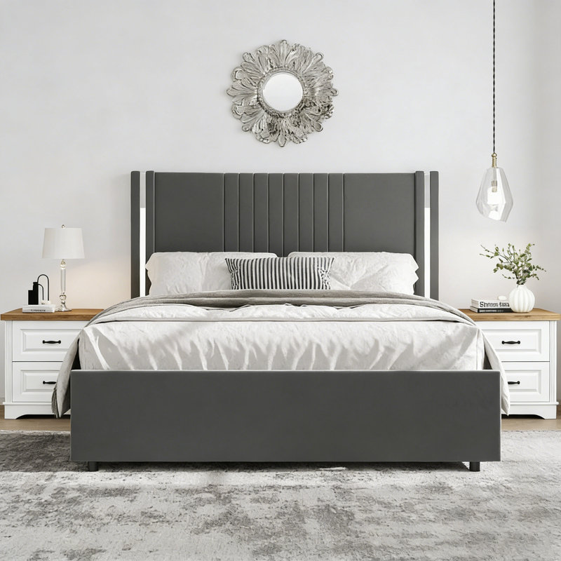 Velvet Platform Bed Frame with Wooden Slats and Rustic  Nightstand Set with Two Drawers, Queen, Gray/White