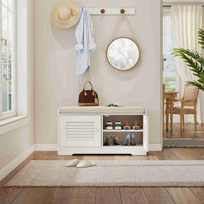 Banc de rangement à chaussures 28,74 po avec armoire à 2 portes, banc d'entrée avec rangement à chaussures blanc, banc à chaussures avec coussin, tablettes réglables, banc à chaussures pour vestibule, couloir