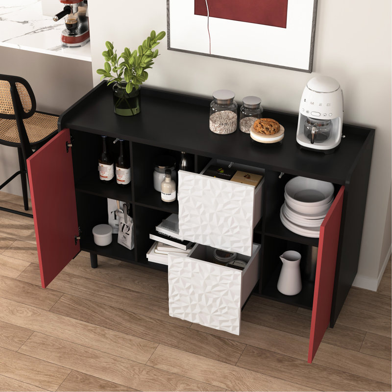 Armoire noire avec portes rouges et 2 compartiments ouverts pour portes de salle à manger, tiroirs et tablettes, buffet