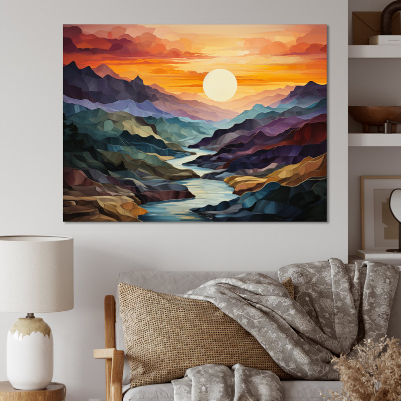 «Orange Teal Mountains Bold Landscape», reproduction d'art sur toile, H 24 po x l 32 po, Toile tendue