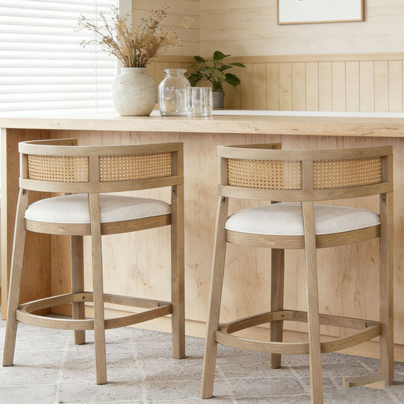 Tabourets de comptoir rembourrés en bois et rotin, Beige, Cendre naturelle