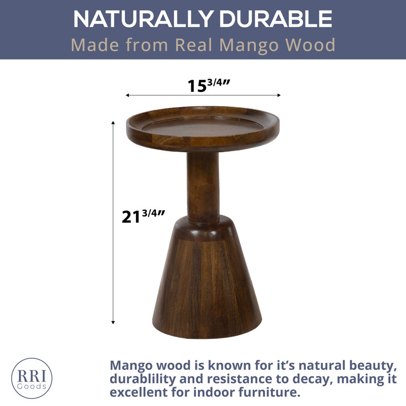 Table d'appoint ronde en bois de manguier massif avec plateau à rebords et base fuselée