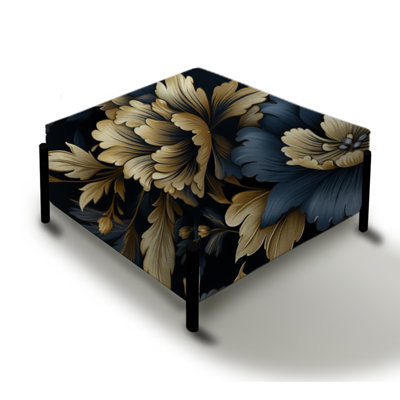 Dark Blue And Golden Gilded Damask Glamour V - Damask Large Square Ottoman