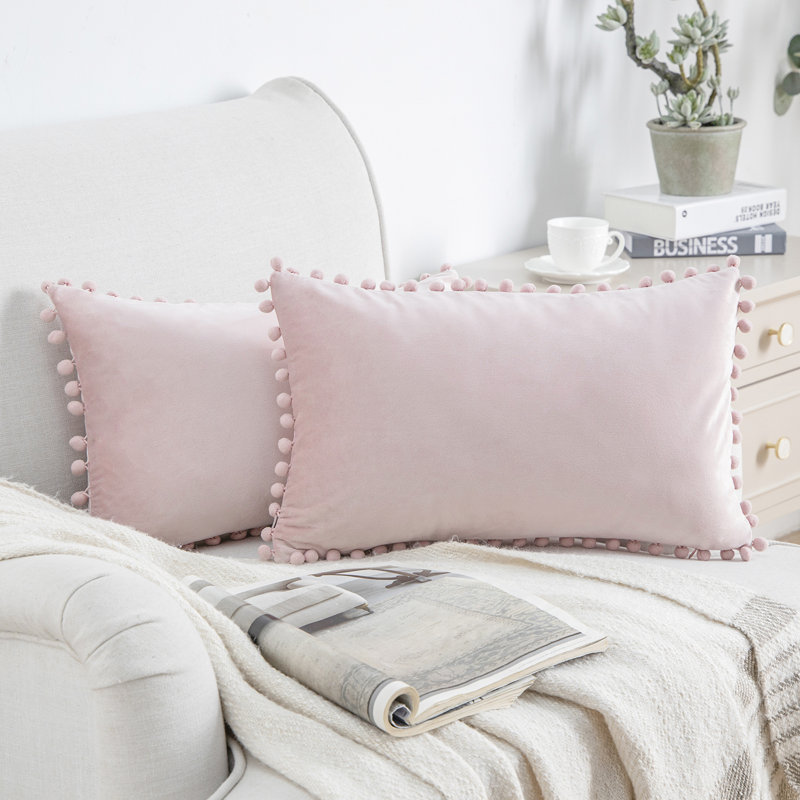Housse de coussin Silky Velvet Series Pom-poms, Rose clair, Housse de coussin, Rectangle H 12 po x l 20 po