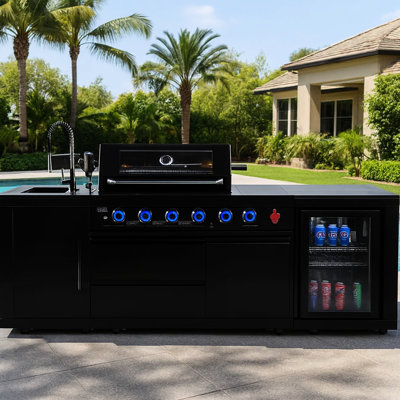 Barbecue noir à quatre brûleurs, finition en acier inoxydable, chaleur précise et utilisation en plein air compatible avec la cuisson, conception modulaire fiable et performante